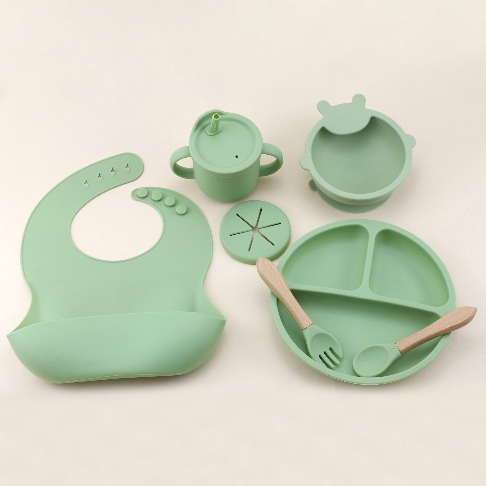 Silicone Suction Bowl - 7-teiliges Silikongeschirr-Set, Baby-Lätzchen, Speiseteller, multifunktionale 2-in-1-Wasserbecher-Schüssel